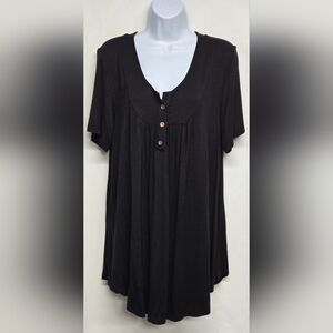 Popyoung 2X Black Slinky Stretch Knit Pullover Top Henly Style Short Sleeve